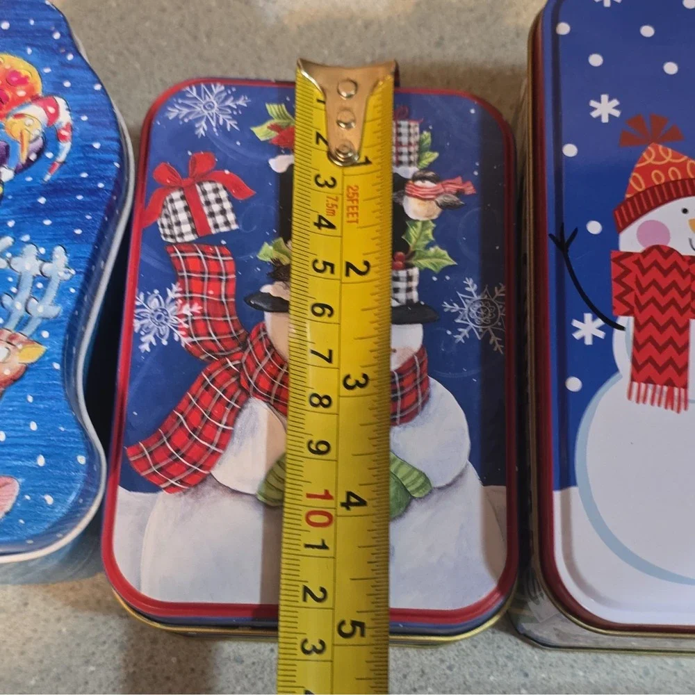 Set of 4 Christmas Snowman Tin Boxes, Rectangle, Square, Bell, Lids Included,